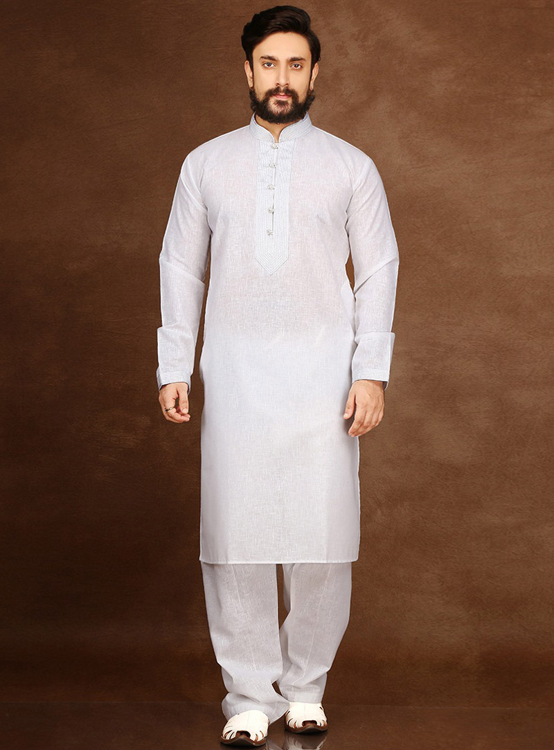 White Cotton Readymade Kurta Pajama 90701