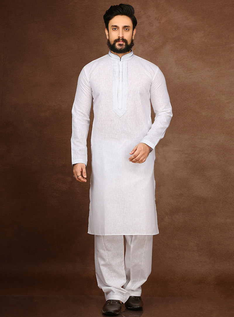 White Cotton Readymade Kurta Pajama 90705