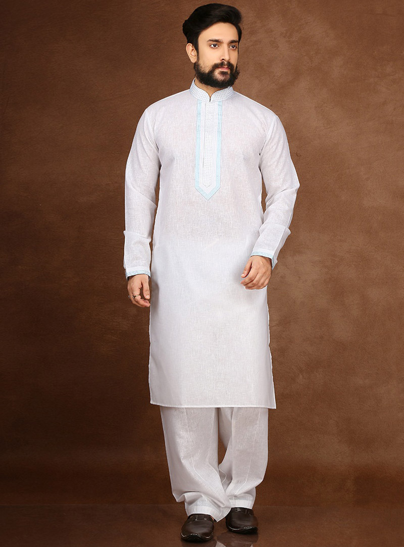 White Cotton Readymade Kurta Pajama 90707