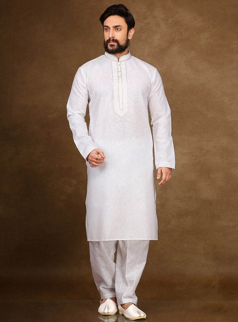 White Cotton Readymade Kurta Pajama 90712