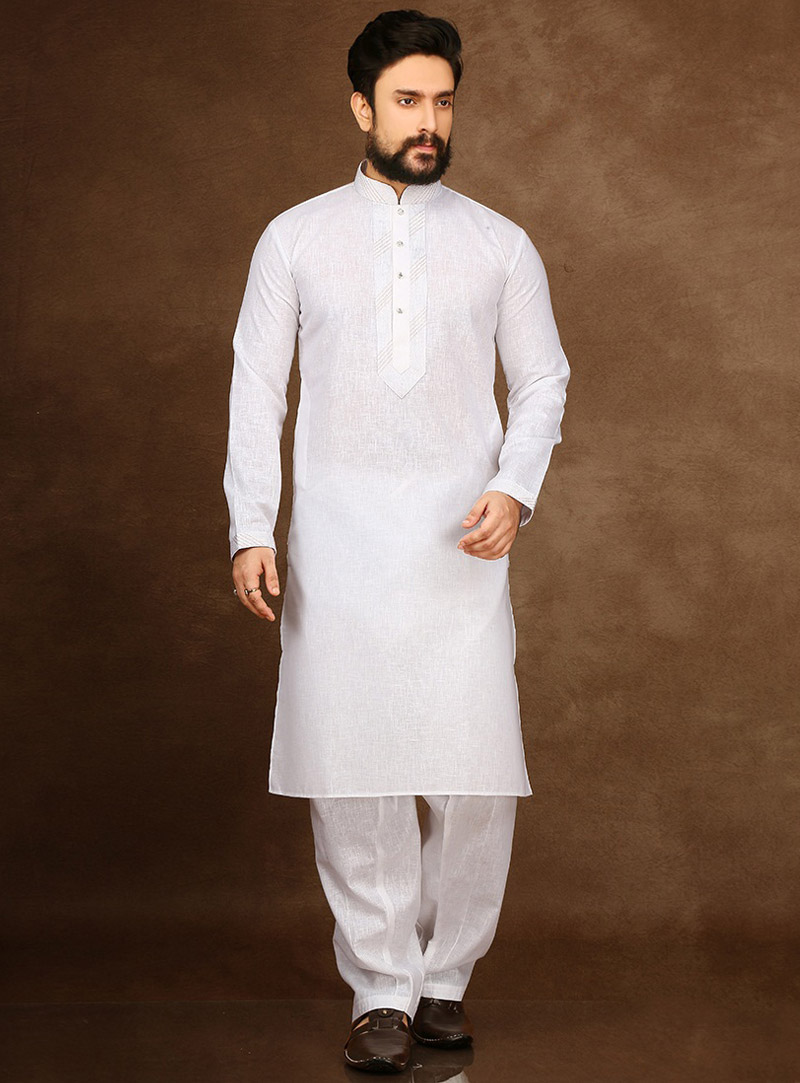 White Cotton Readymade Kurta Pajama 90713