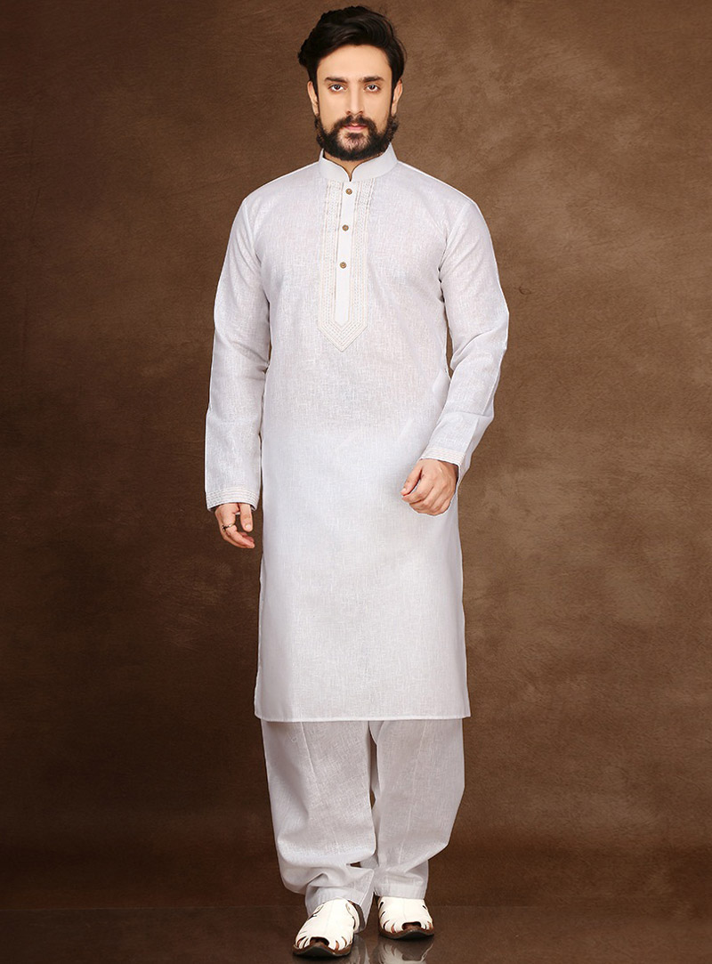 White Cotton Readymade Kurta Pajama 90714