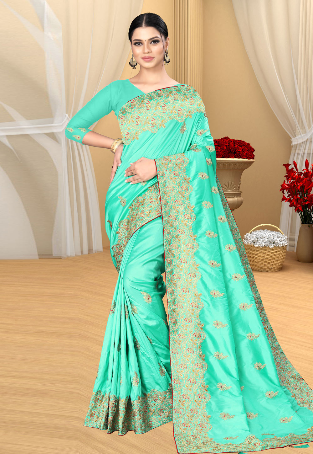 Light Green Banarasi Silk Saree With Blouse 231125