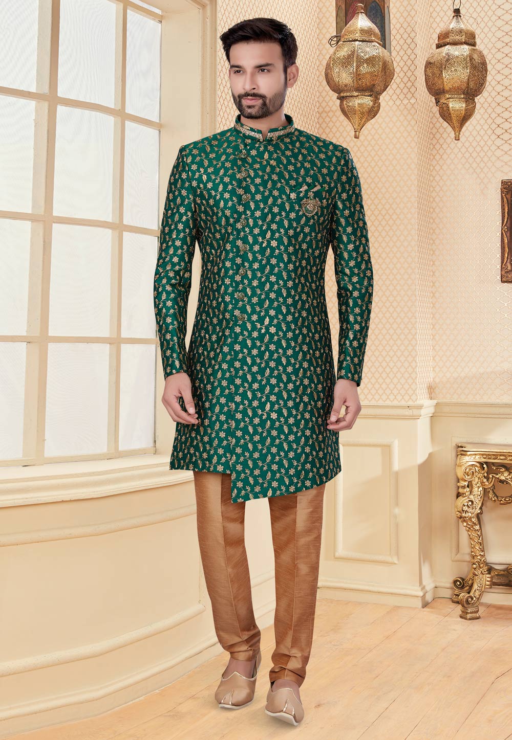 Green Jacquard Indo Western Suit 251235