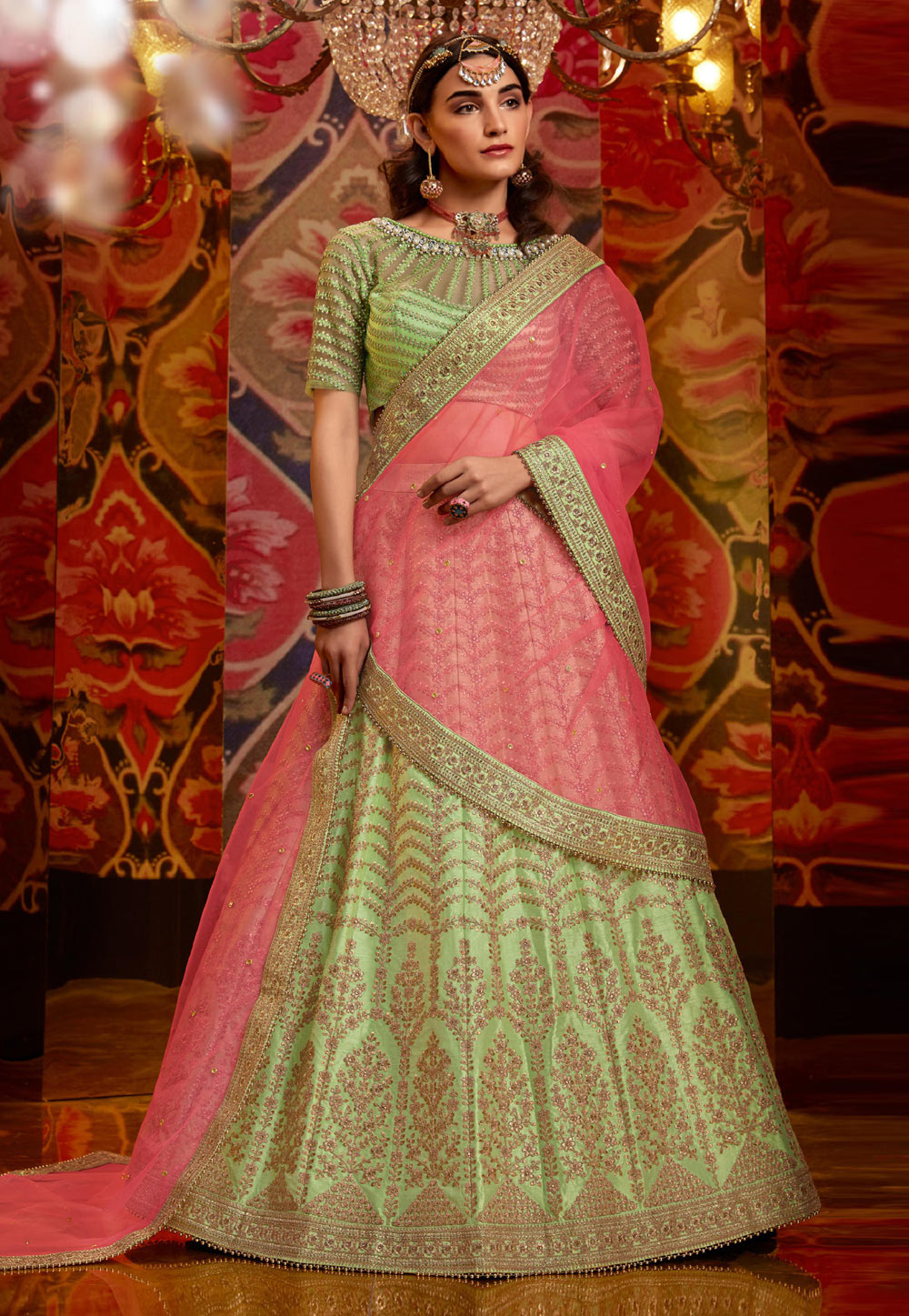 Parrot Green Color Net & Satin Wedding Lehenga Choli | FH486374797