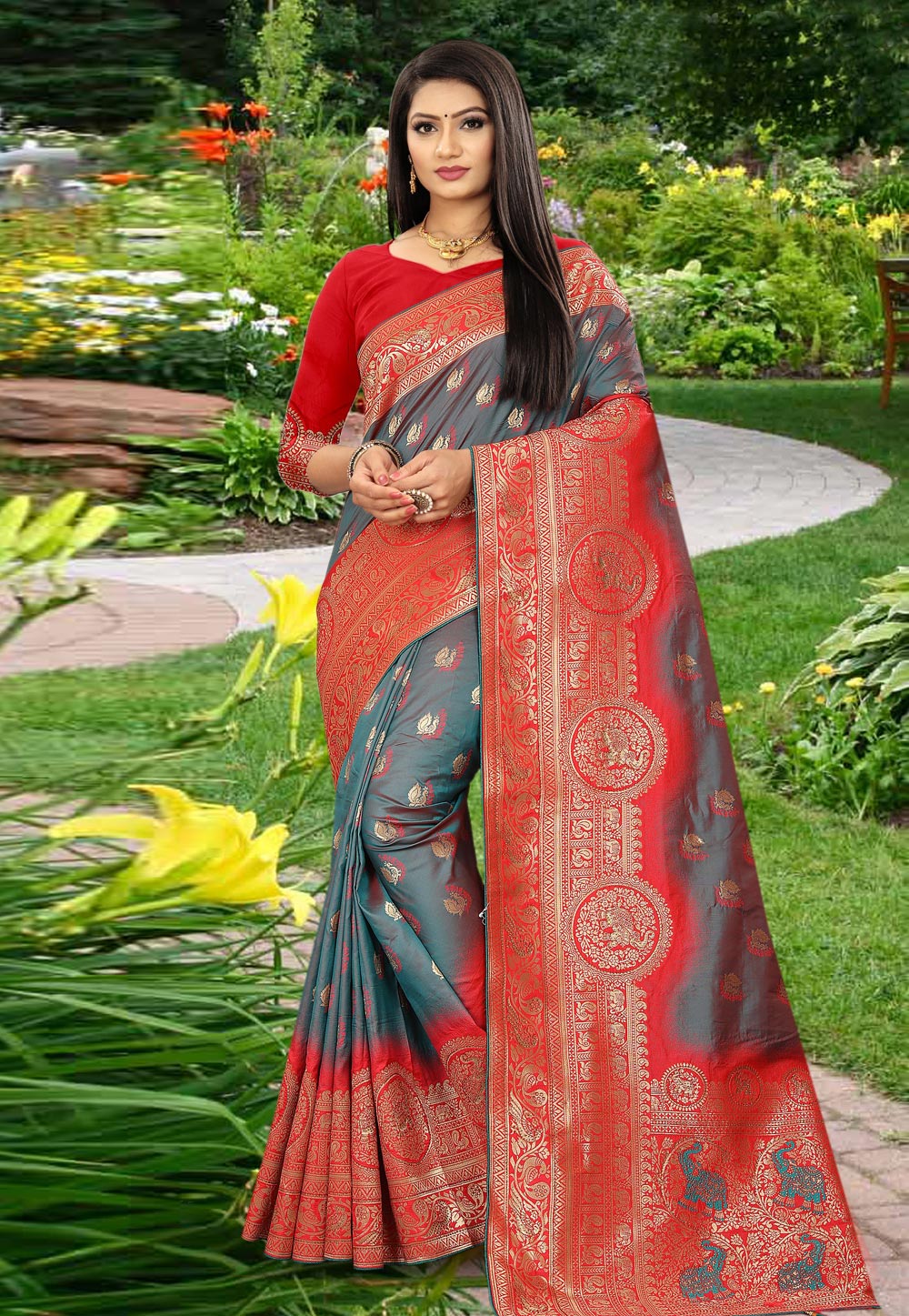 Grey Banarasi Silk Saree With Blouse 231174