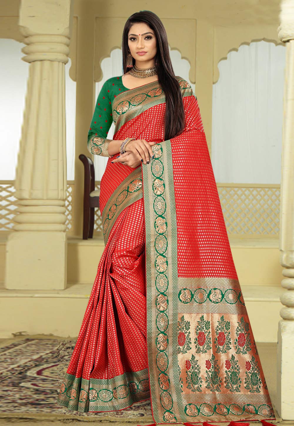 Red Banarasi Silk Saree With Blouse 231175