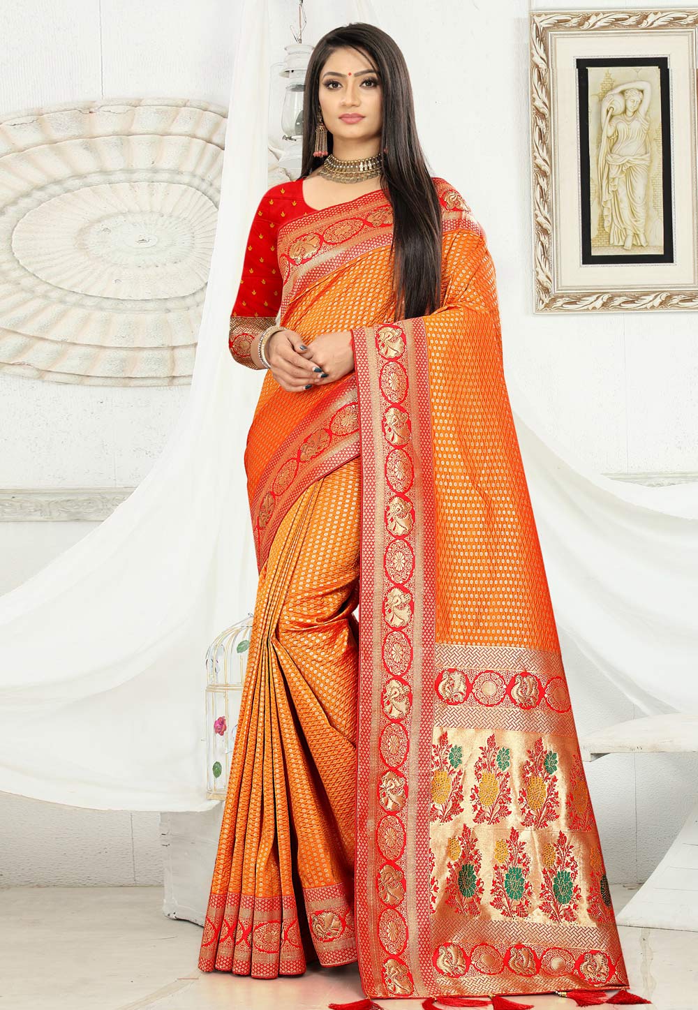 Orange Banarasi Silk Saree With Blouse 231176