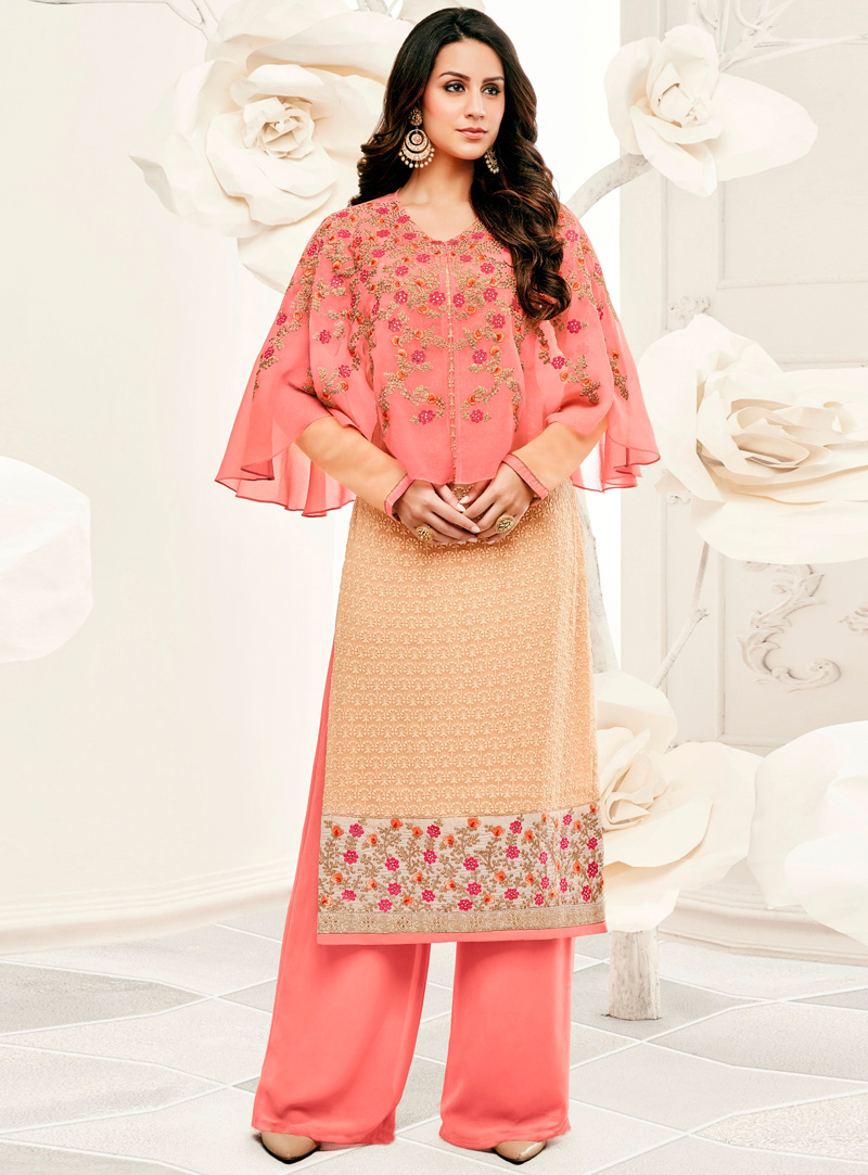 Peach Georgette Palazzo Style Suit With Cape 106388