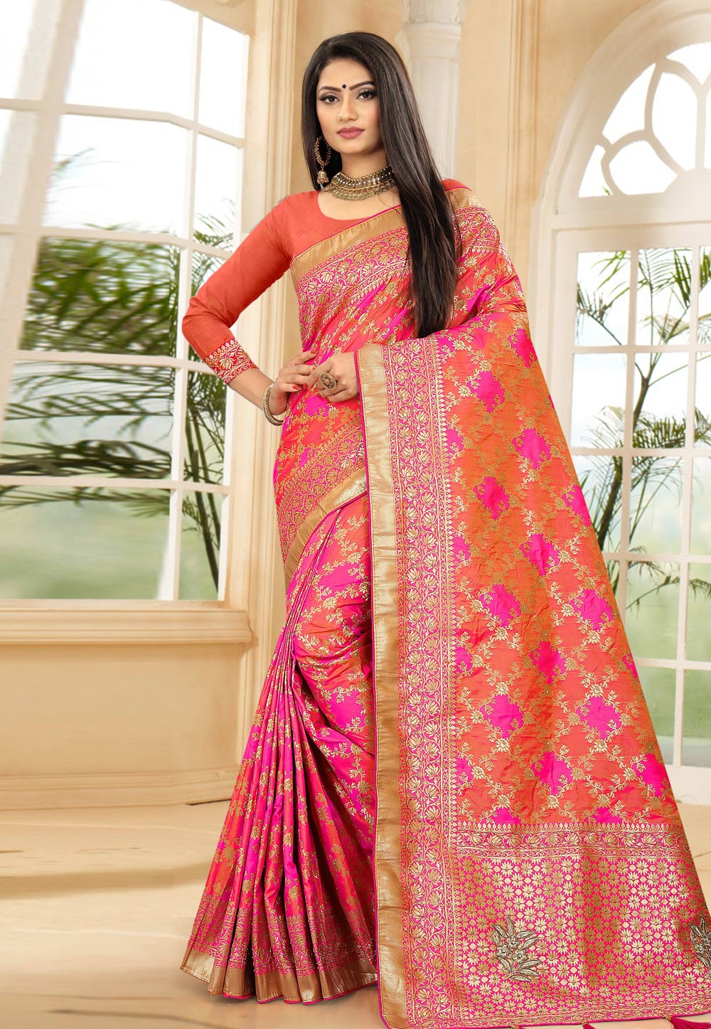 Pink Banarasi Silk Saree With Blouse 231162