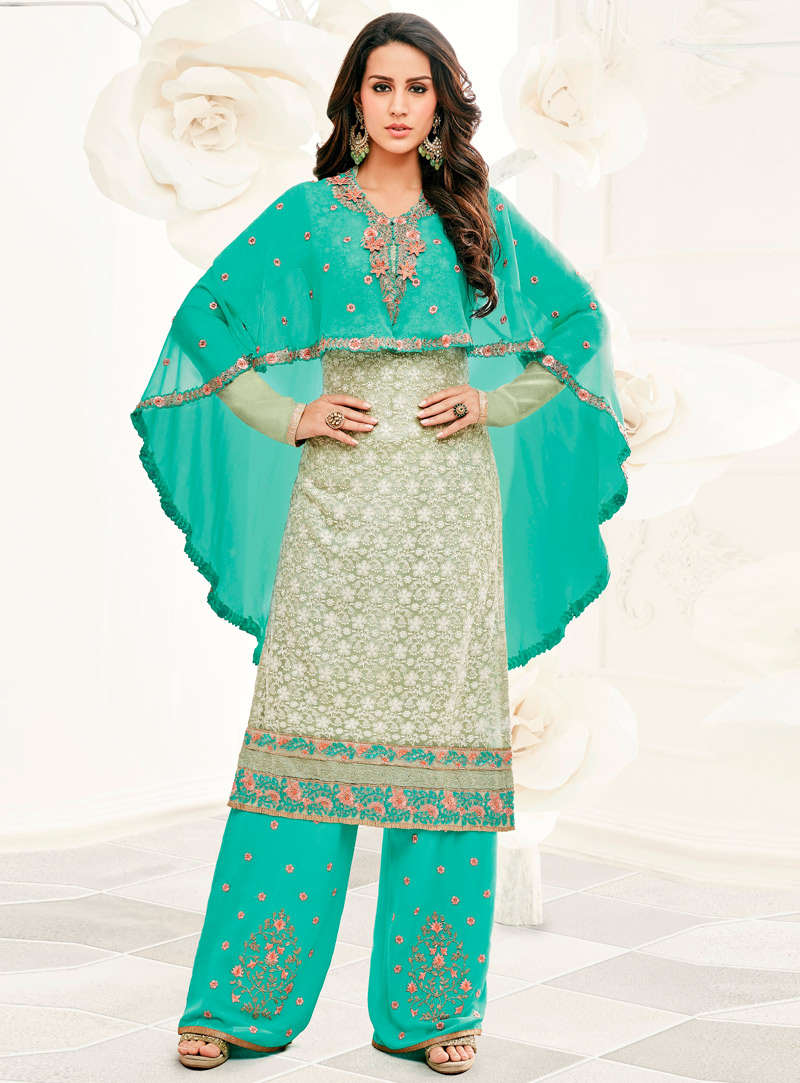 Light Green Georgette Palazzo Style Suit With Cape 106390