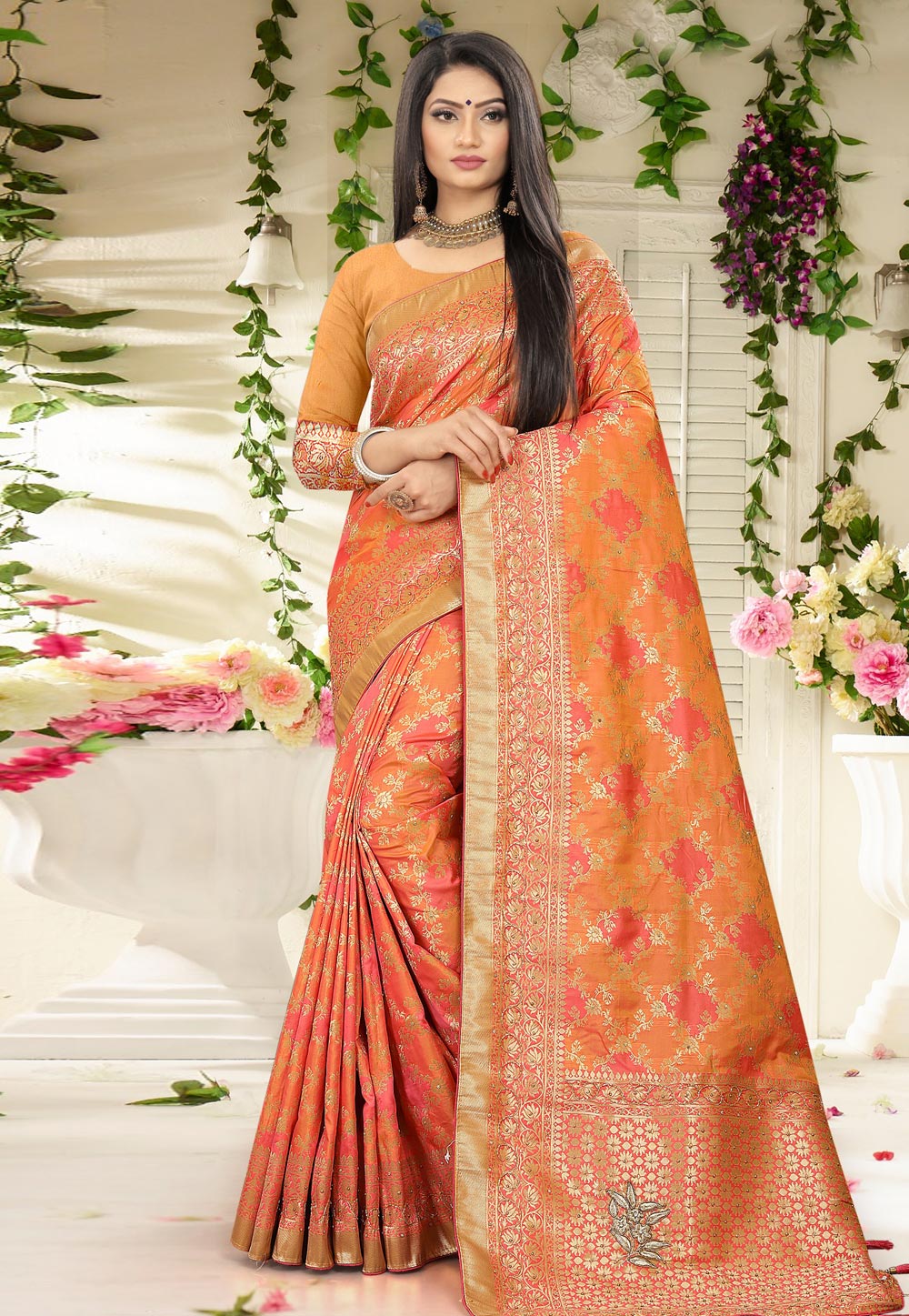 Orange Banarasi Silk Saree With Blouse 231164