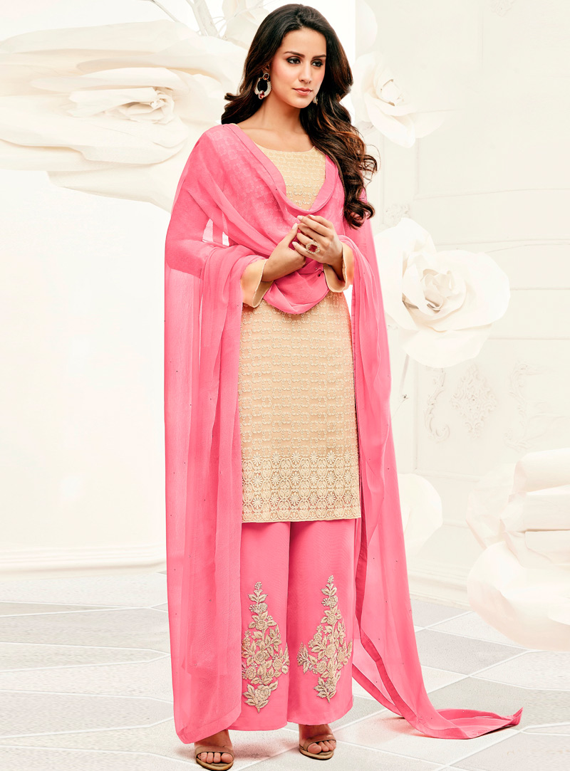 Beige Georgette Palazzo Style Suit With Cold Shoulder Cape 106393