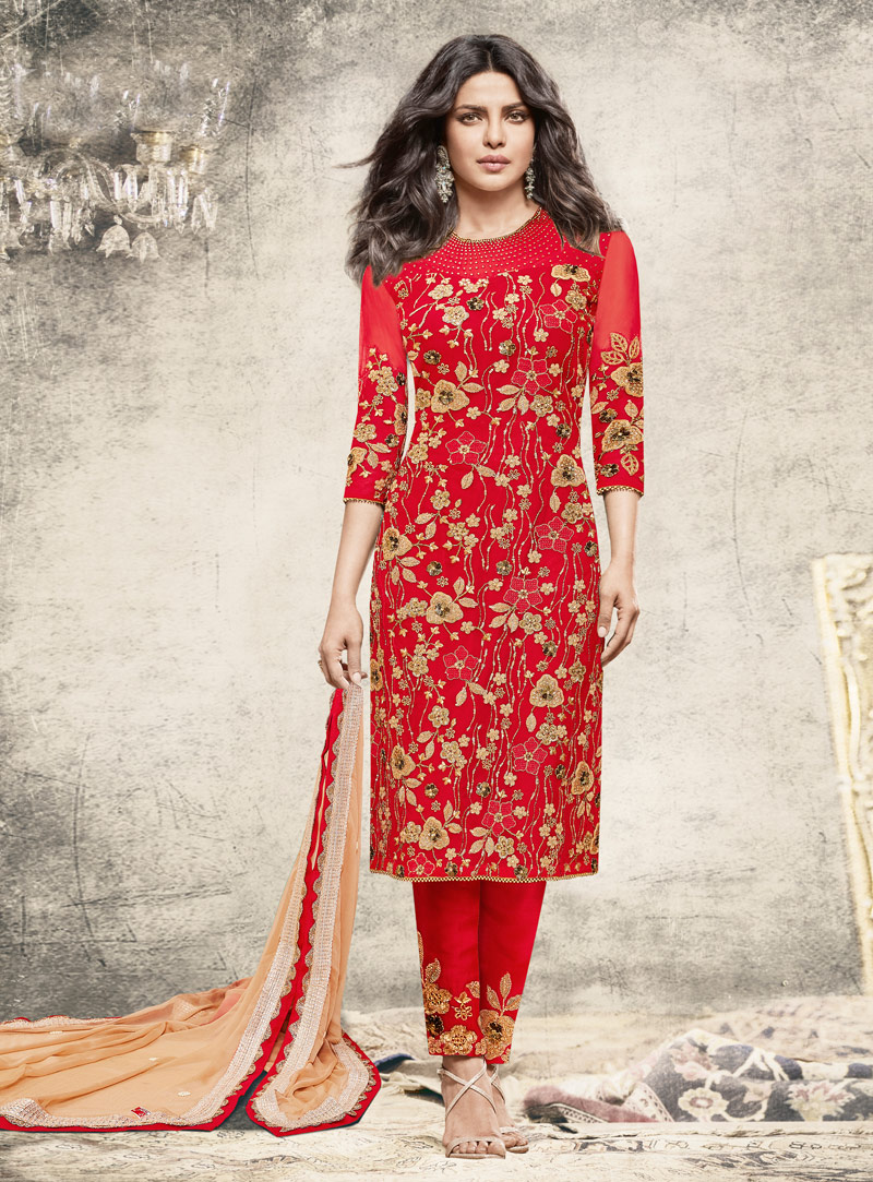 Priyanka Chopra Red Net Pakistani Style Suit 108470