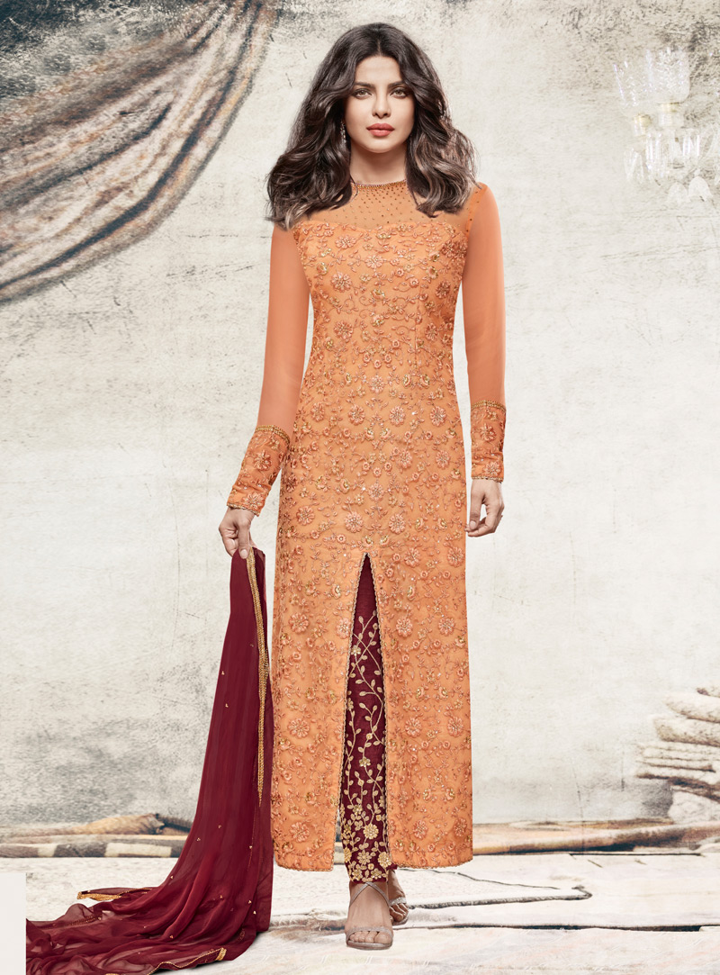 Priyanka Chopra Orange Net Pant Style Suit 108472
