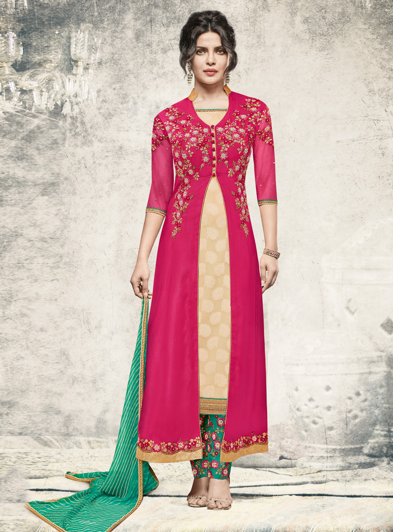 Priyanka Chopra Pink Georgette Pant Style Suit 108473