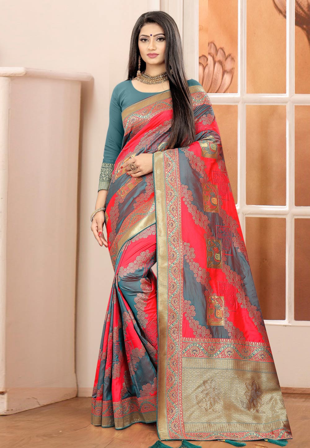 Steel Blue Banarasi Silk Festival Wear Saree 231754