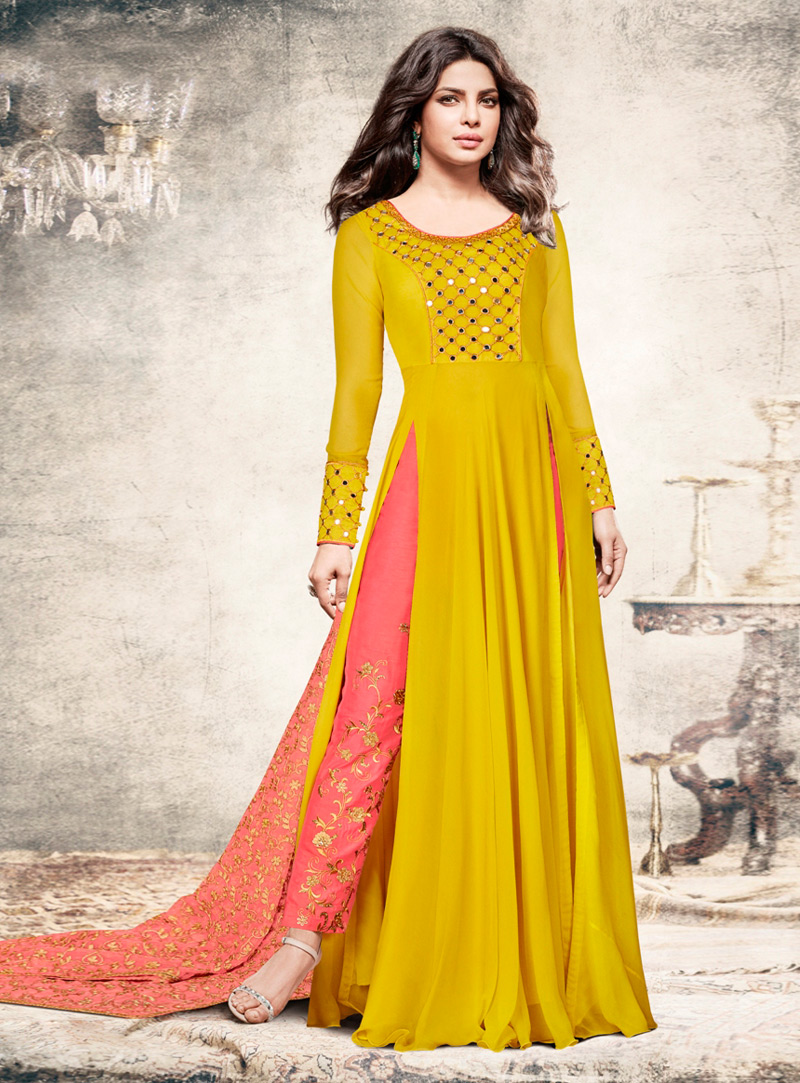 Priyanka Chopra Mustard Georgette Pakistani Style Suit 129635