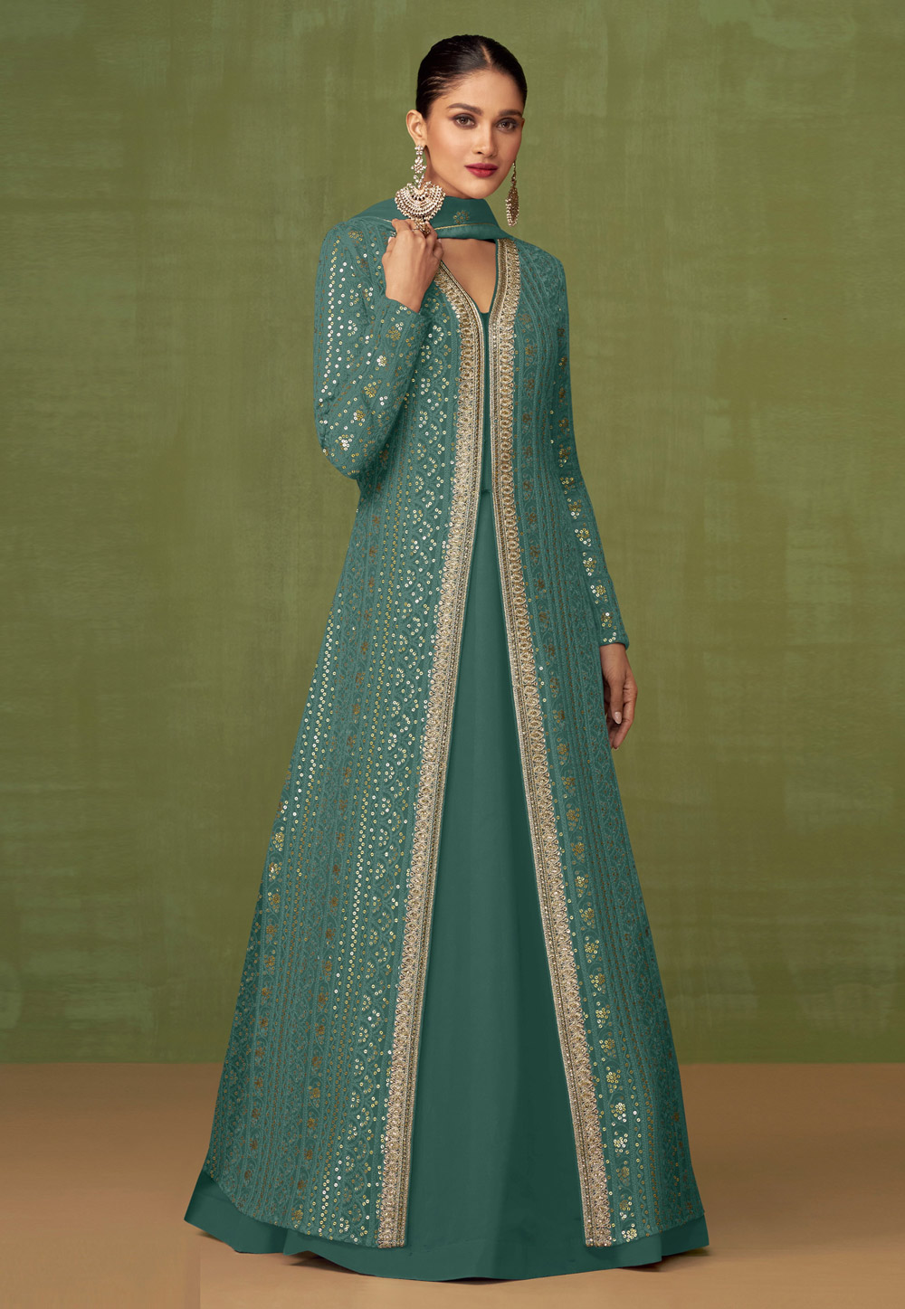 Sea Green Georgette Abaya Style Anarkali Suit 252284