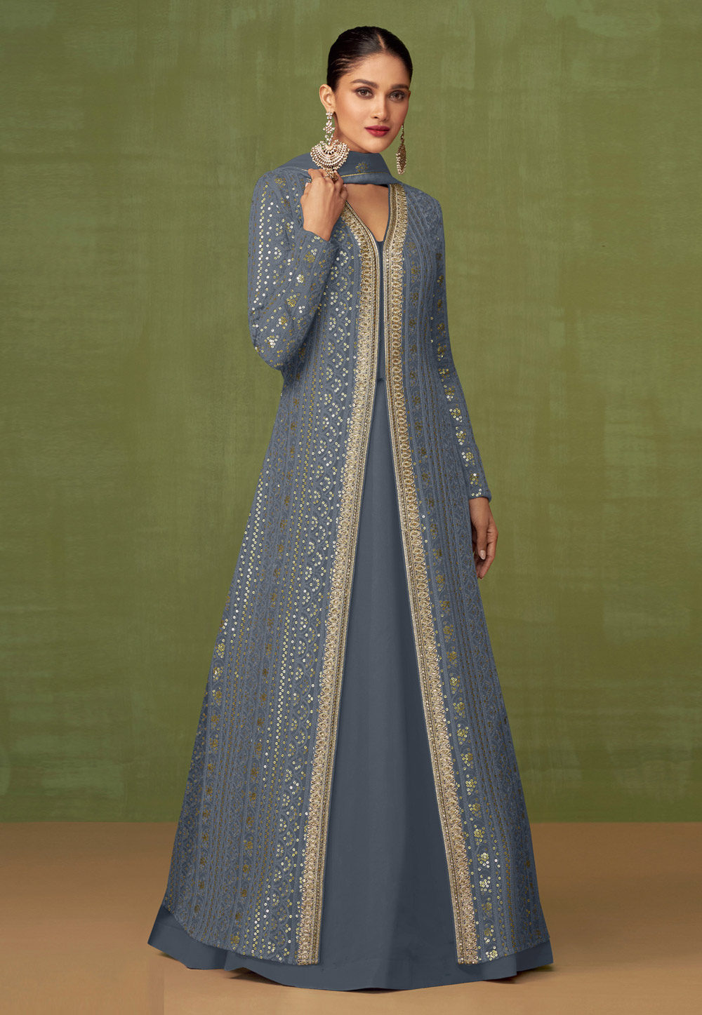 Grey Georgette Abaya Style Anarkali Suit 252286