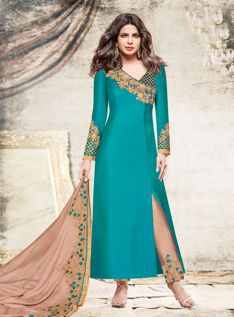 Priyanka Chopra Teal Satin Pant Style Suit 129636