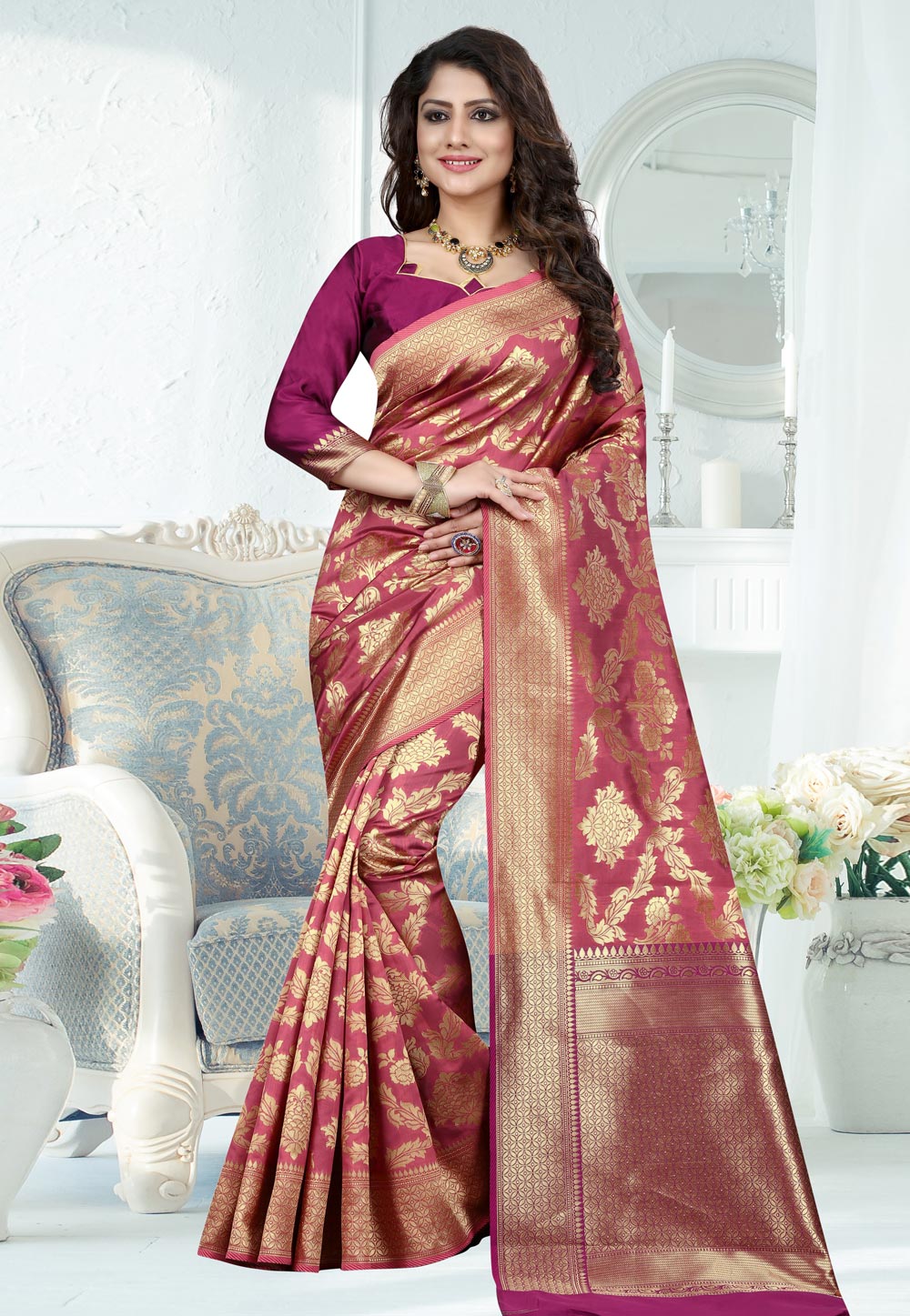 Pink Banarasi Art Silk Saree With Blouse 229953