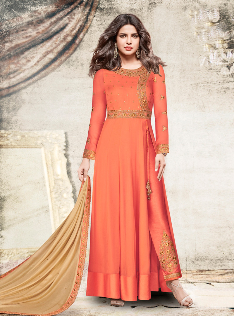 Priyanka Chopra Orange Georgette Pakistani Style Suit 129637