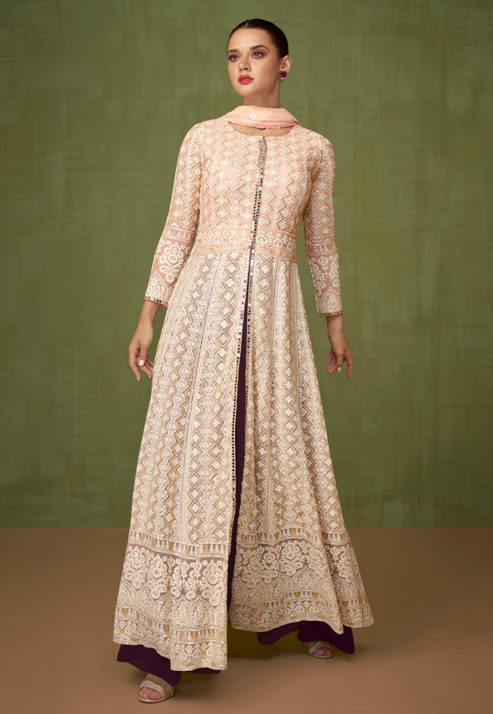 Off White Georgette Embroidered Palazzo Suit 247645