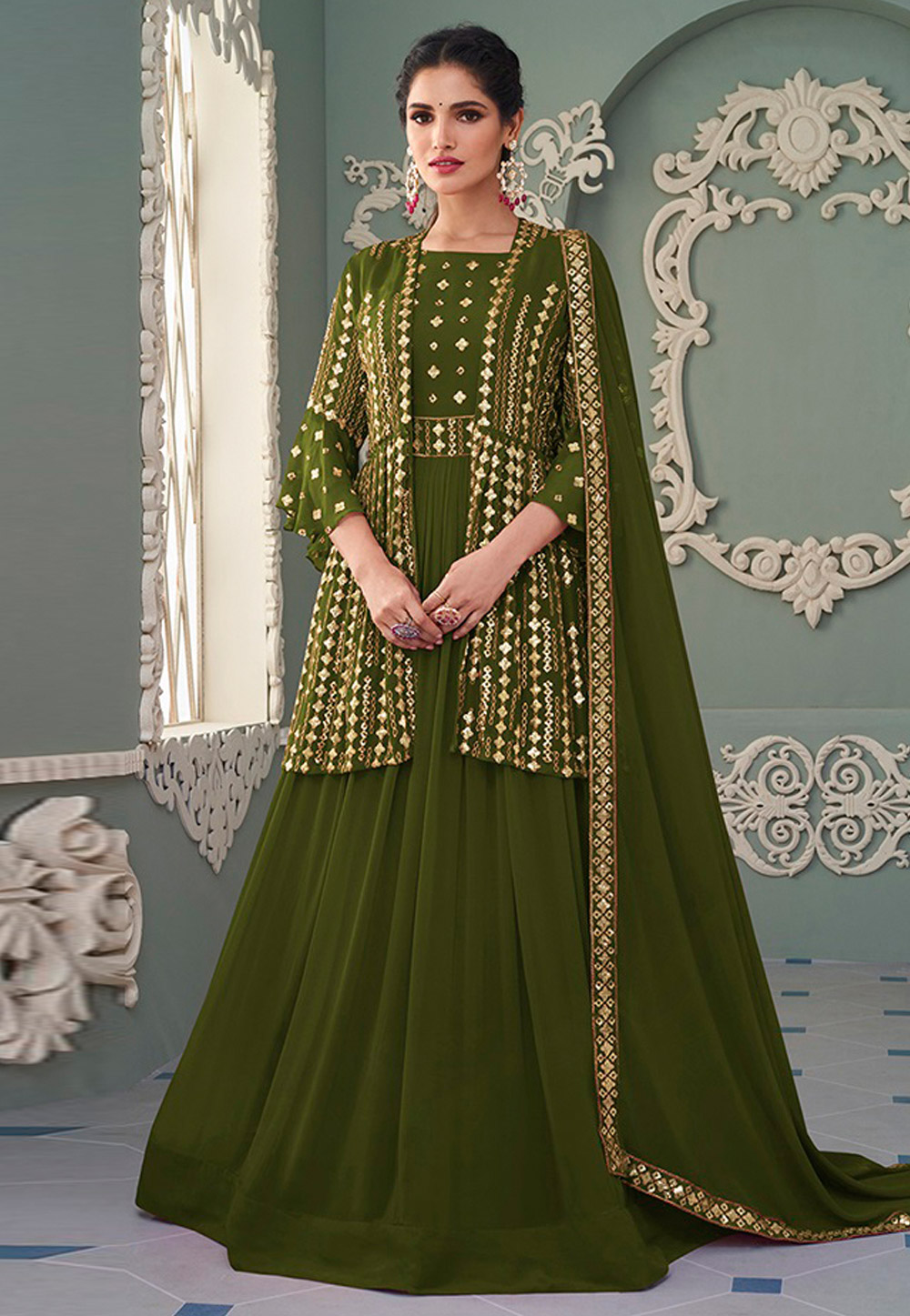 Green Georgette Embroidered Long Anarkali Suit 245658