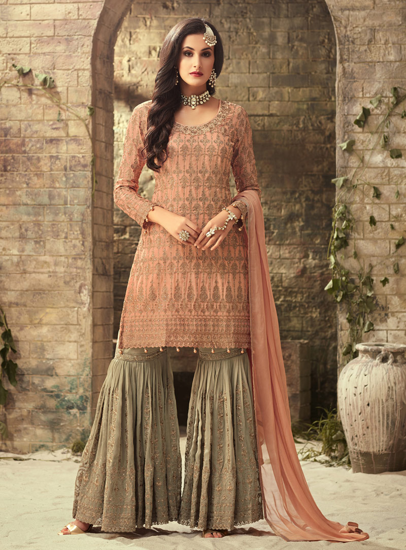 Peach Georgette Palazzo Style Suit 142970