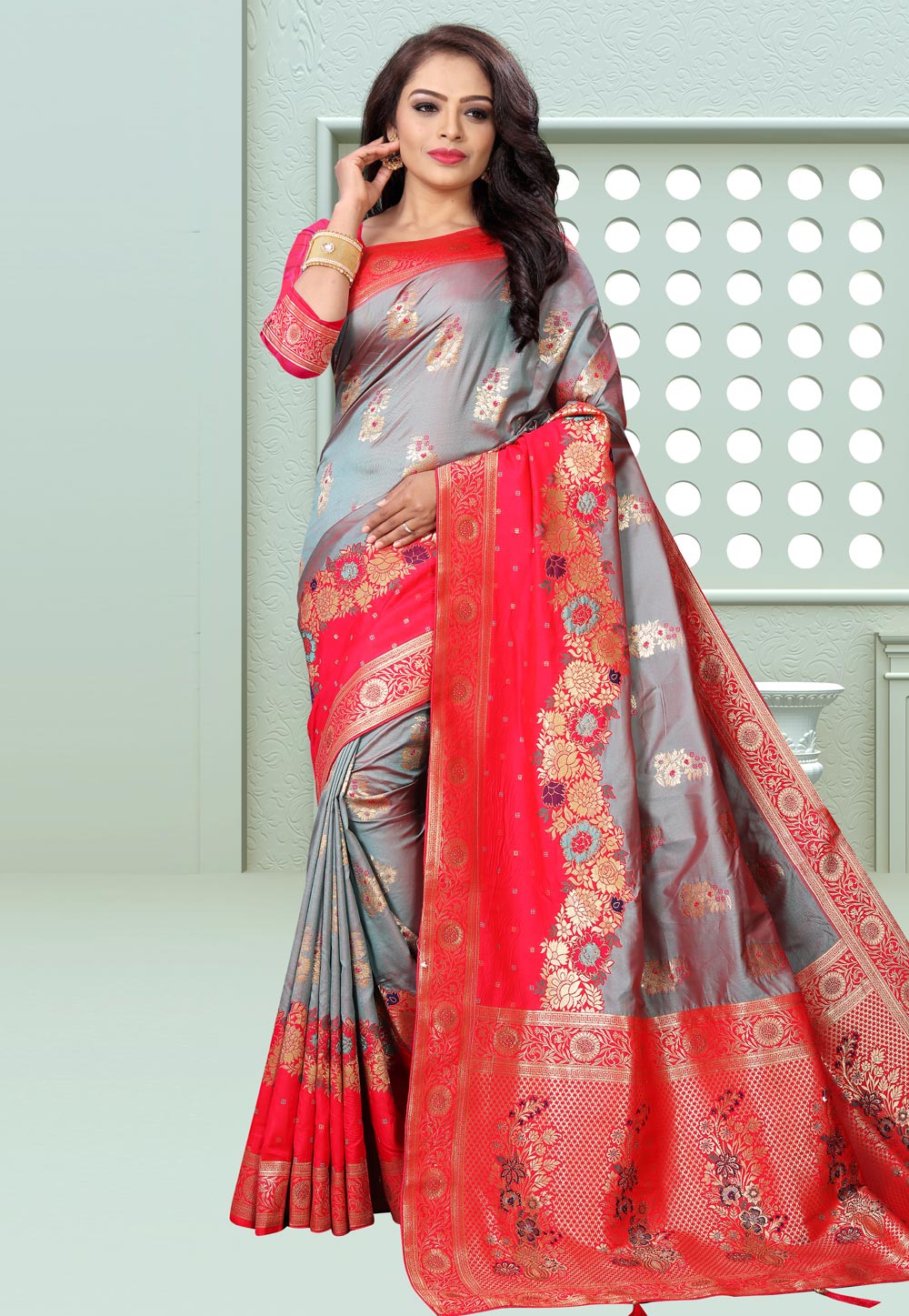 Grey Banarasi Silk Saree With Blouse 231761
