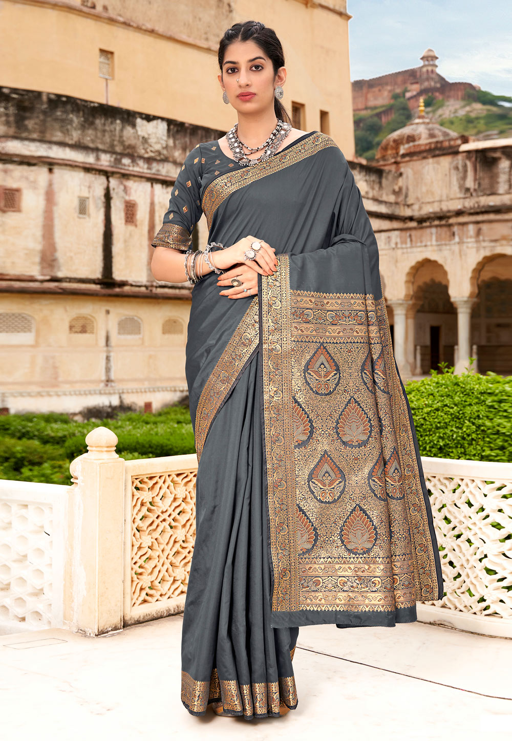 Grey Banarasi Silk Saree With Blouse 232880