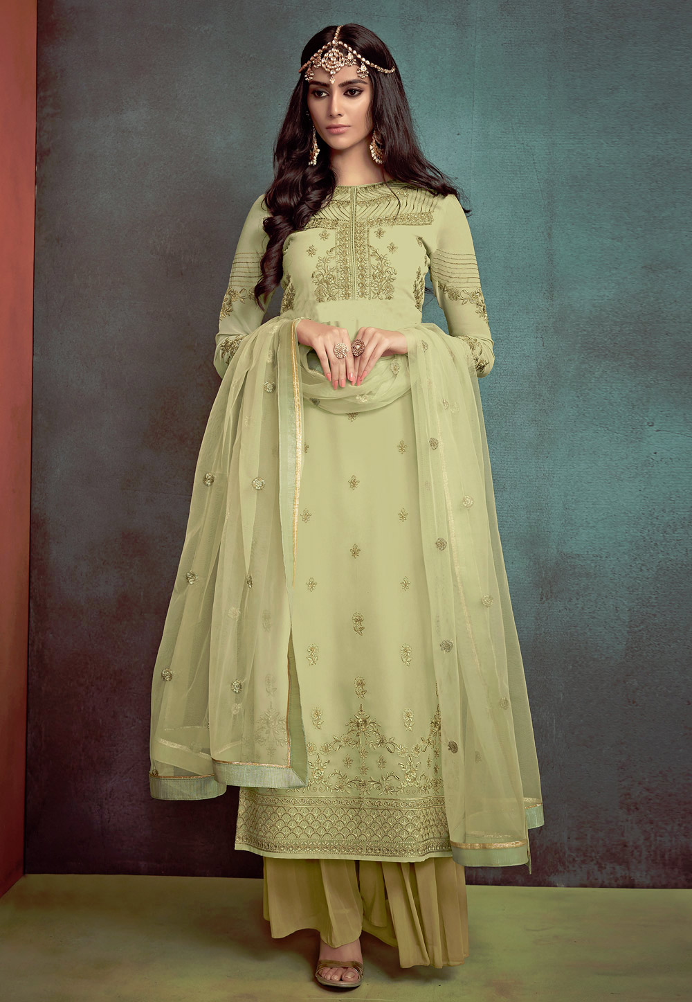 Light Green Georgette Palazzo Suit 157413