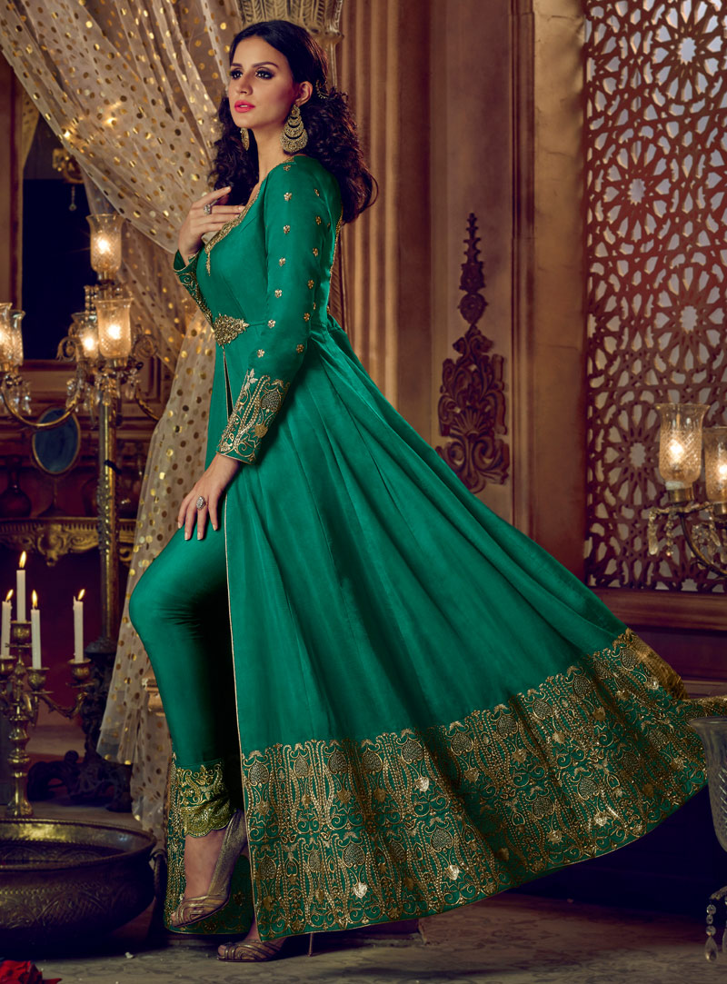 Green Silk Anarkali Suit With Pant 133757