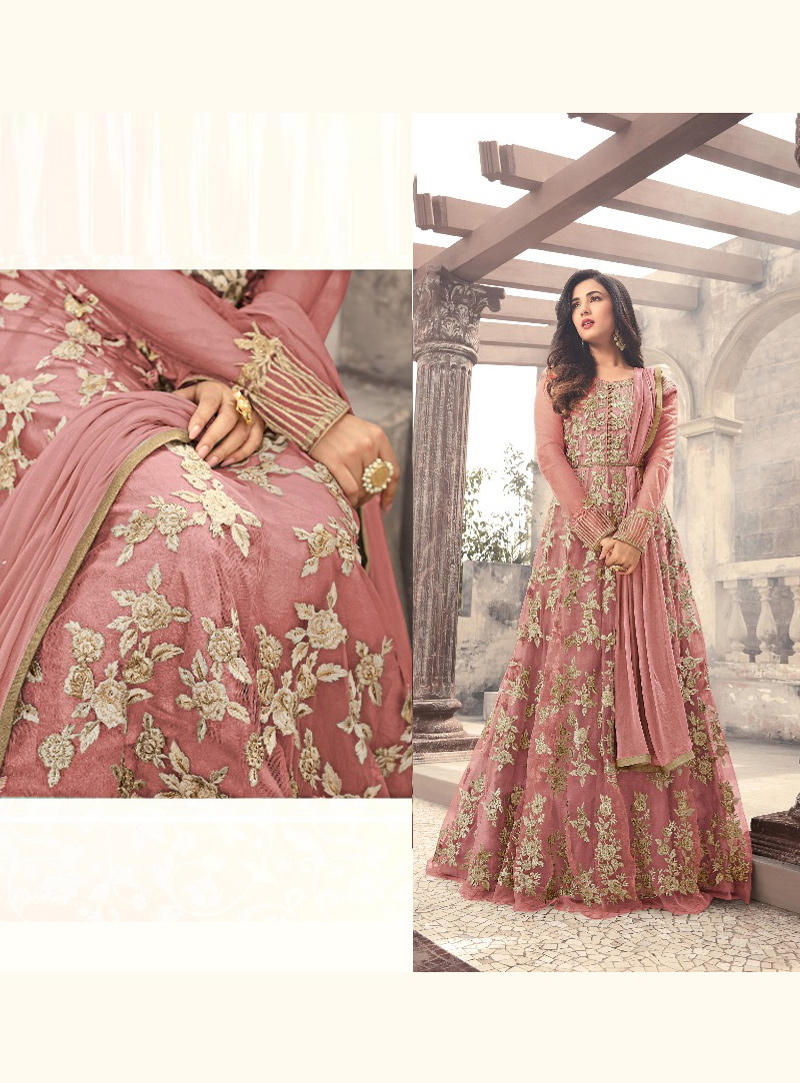 Sonal Chauhan Pink Net Floor Length Anarkali Suit 128088
