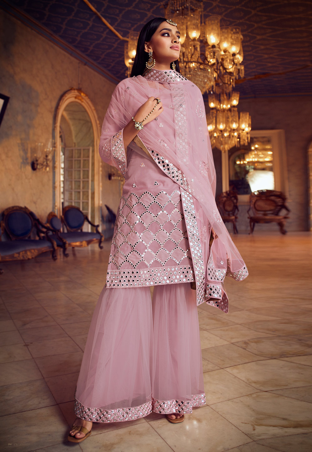 Pink Organza Mirror Work Sharara Suit 224509