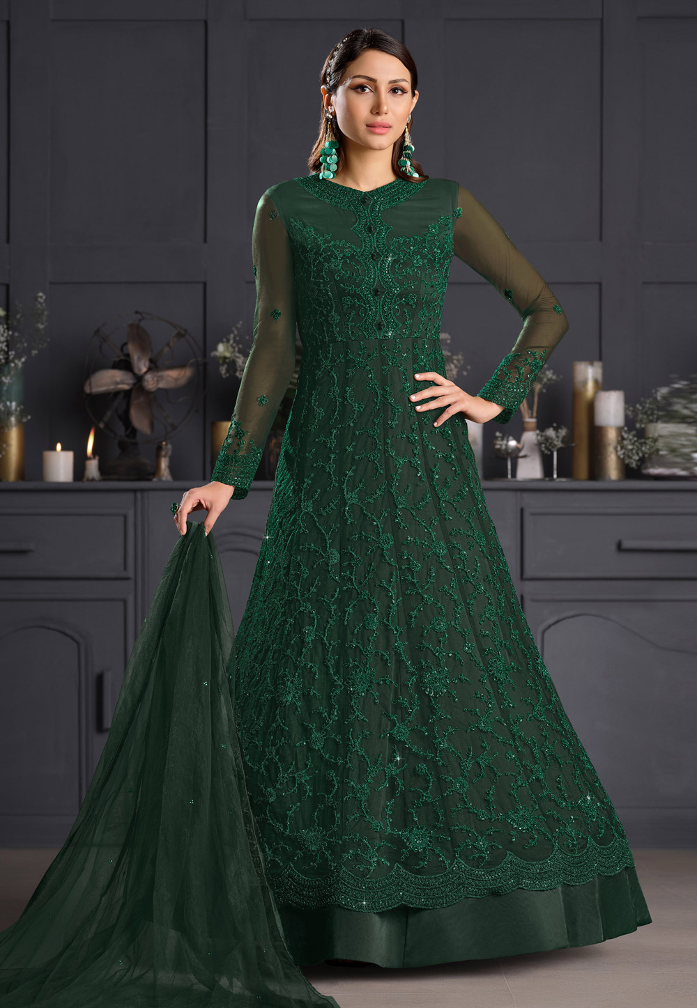 Green Net Abaya Style Anarkali Suit 232824