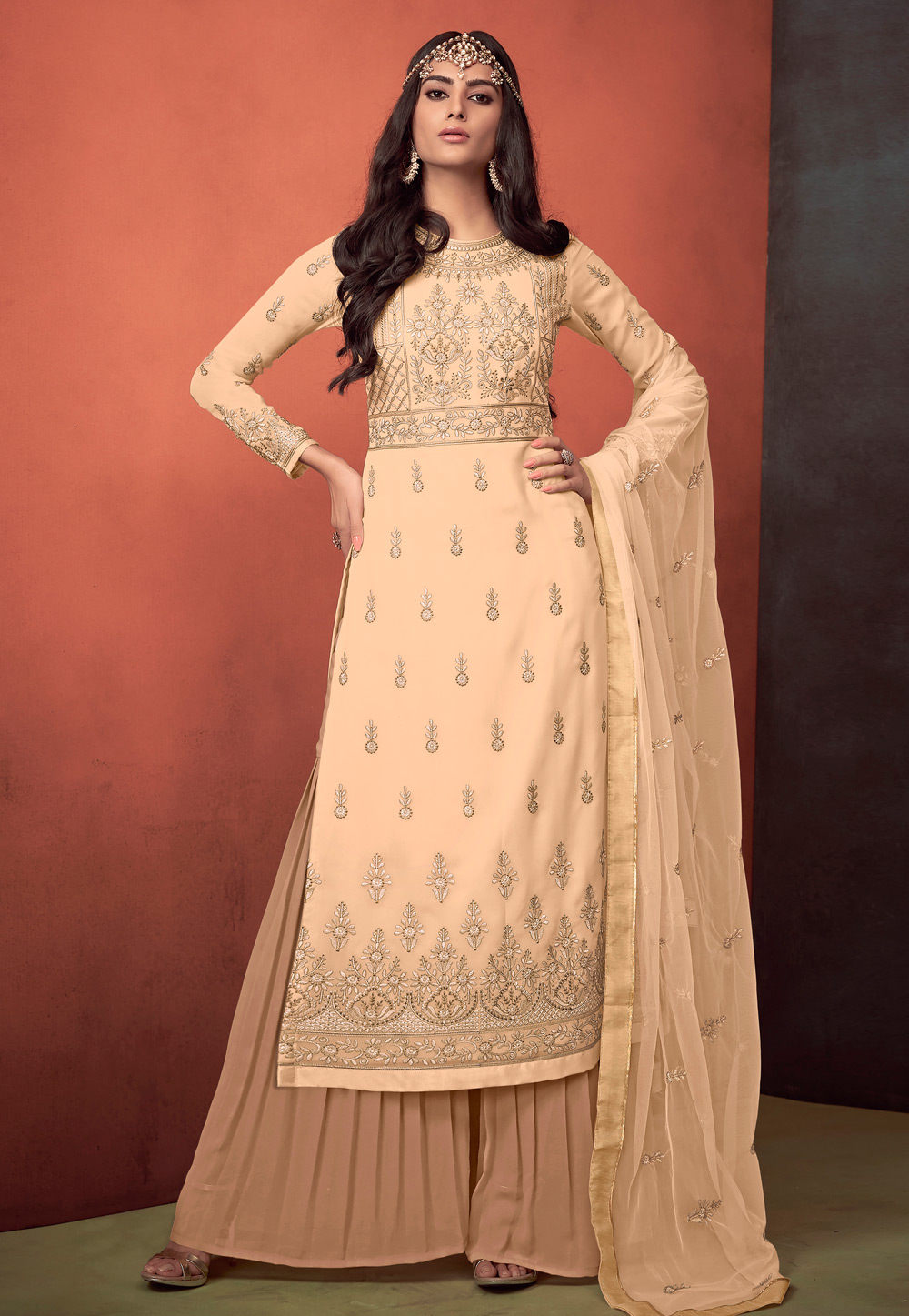 Peach Georgette Kameez With Palazzo 157414