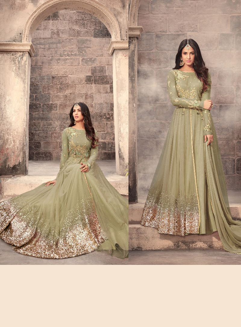 Sonal Chauhan Camo Green Net Floor Length Anarkali Suit 128090