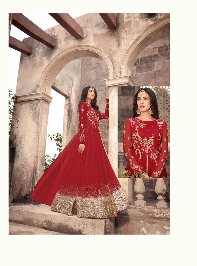 Sonal Chauhan Red Net Floor Length Anarkali Suit 126043