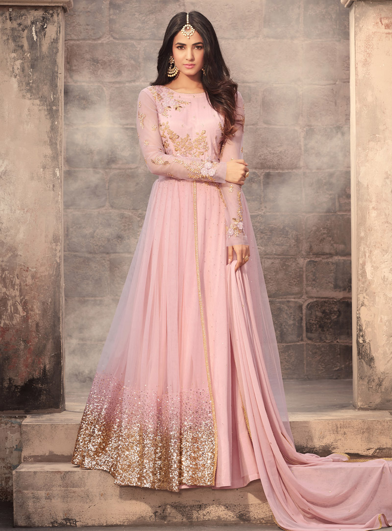 Sonal Chauhan Pink Net Floor Length Anarkali Suit 117931