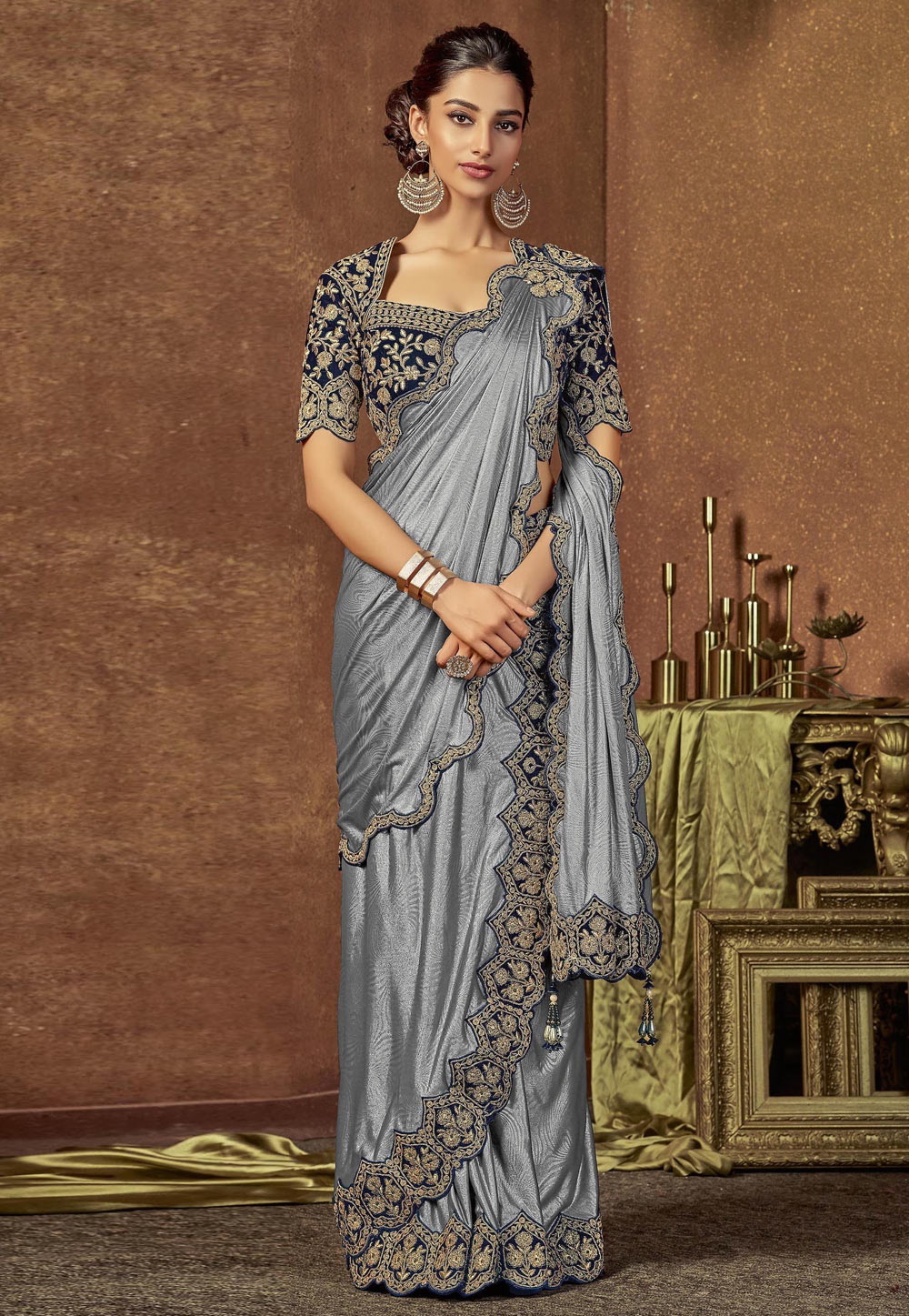 Grey Shimmer Embroidered Designer Saree With Blouse 166008