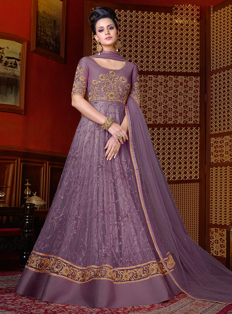 Purple Net Floor Length Anarkali Suit 108277