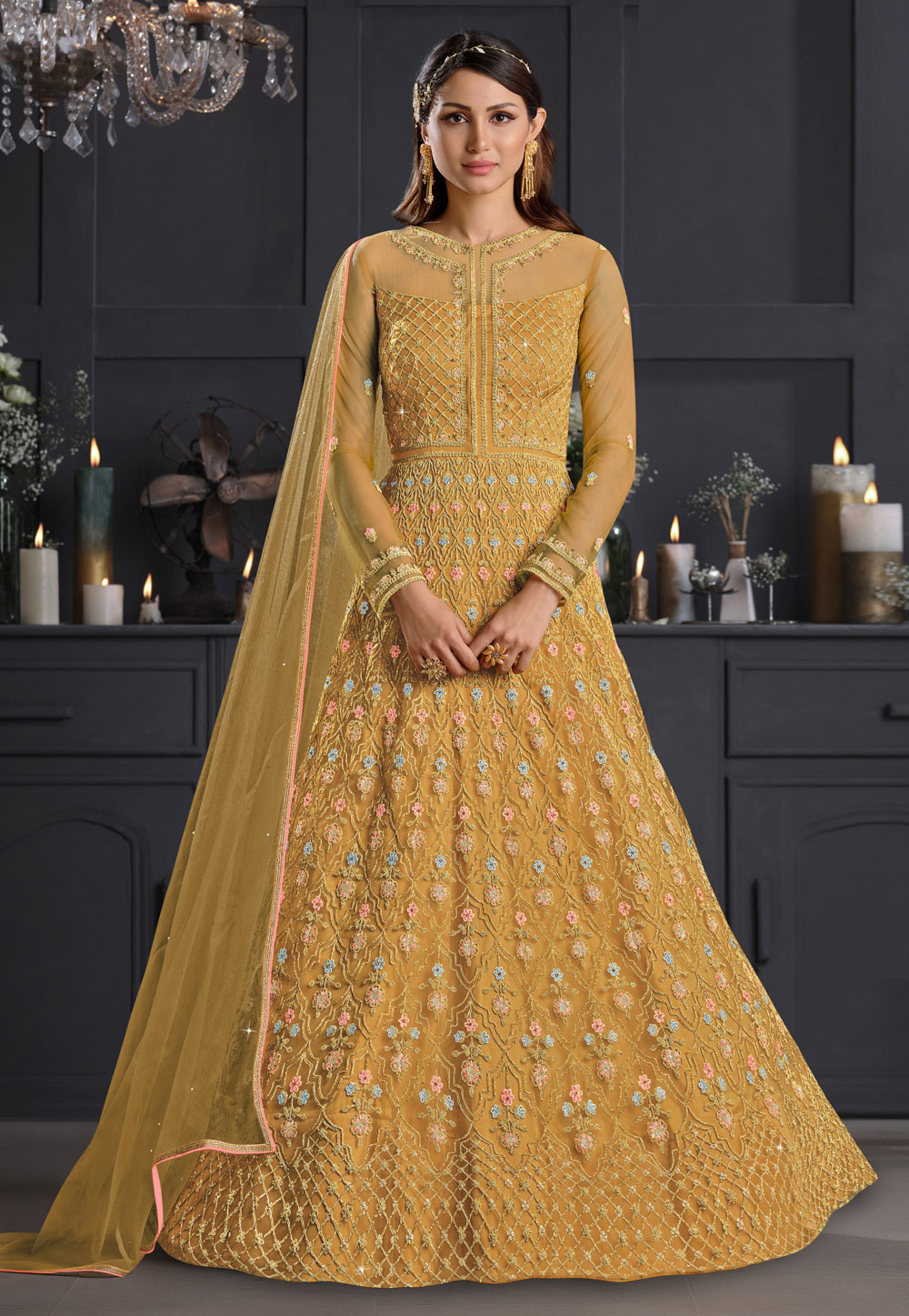 Yellow Net Abaya Style Anarkali Suit 232826