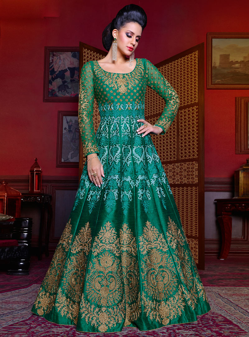 Green Silk Embroidery Work Long Anarkali Suit 93584