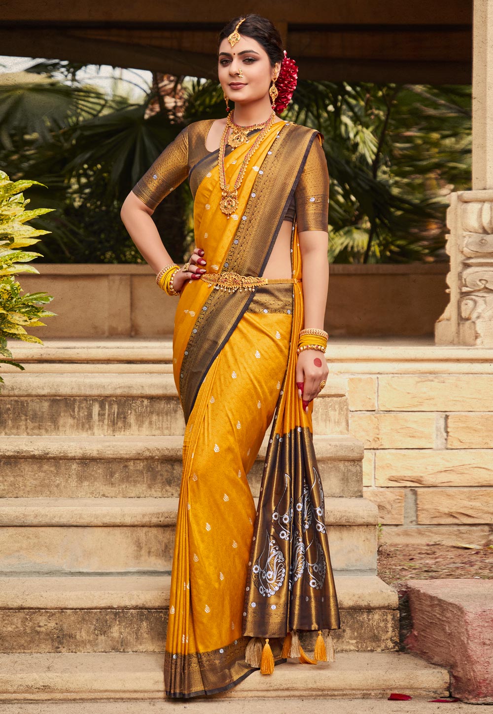 Mustard Kanjivaram Silk Saree With Blouse 266429