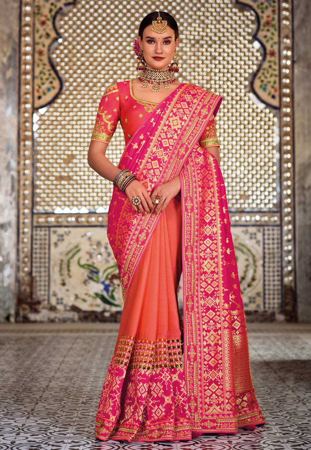 Pink Banarasi Silk Saree With Blouse 243116