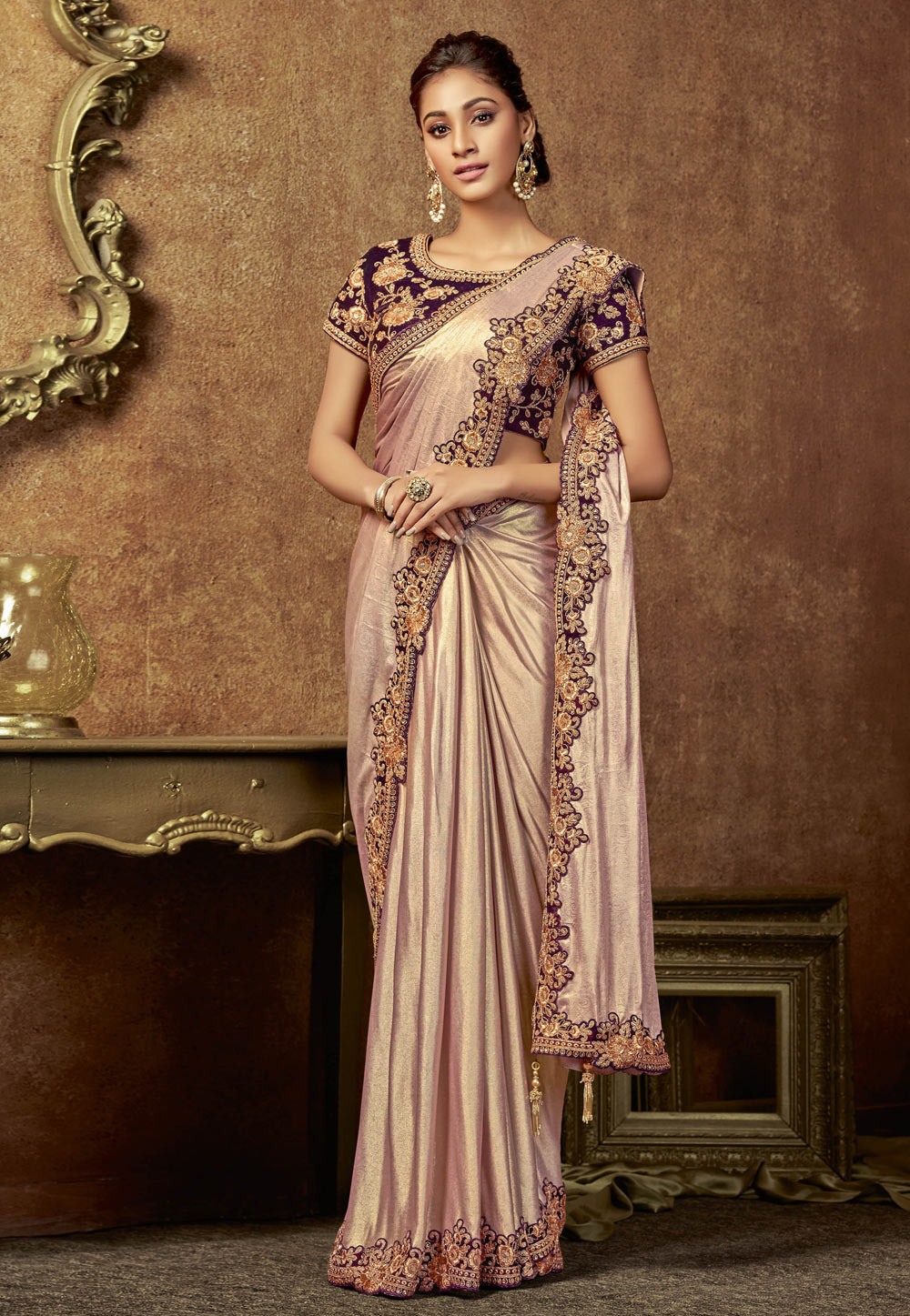 Beige Shimmer Embroidered Party Wear Saree 166010