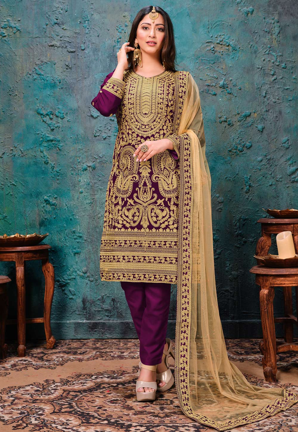Purple Faux Georgette Embroidered Kameez With Pant 218017