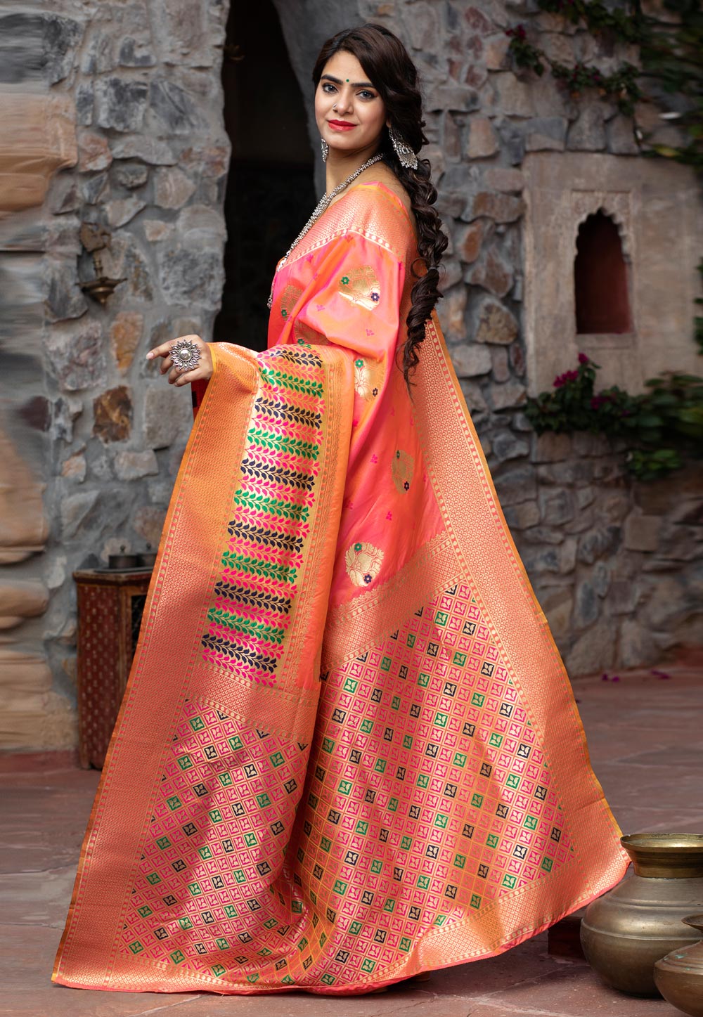 Buy Peach Banarasi Silk Indian Wedding Saree Online - SARV05923